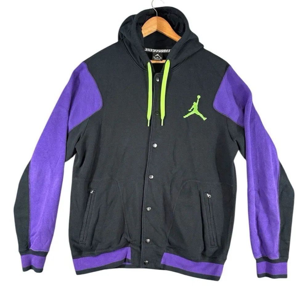 Jordan Men's XL Black Purple with Lime Green Logo Snap Button Hoodie Jacket